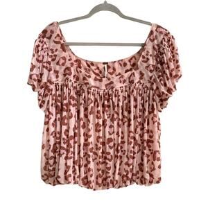 FP Free People Pink Animal Print Black Crop Bubble Hem Blouse Medium Lined